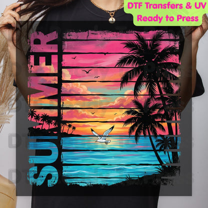 Summer Sunset Beach DTF Transfer Ready to Press Retro Tropical Palm Trees Seagull Heat Transfer for Shirts Coastal Vacation UV Sticker Print