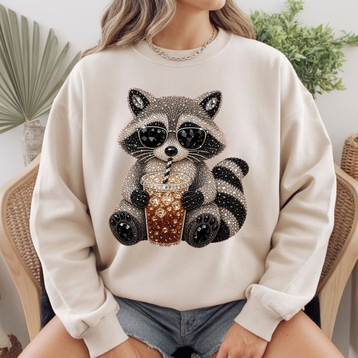 Cool Raccoon Iced Coffee T-Shirt, Sunglasses Trash Panda Rhinestone Tee Sweatshirt