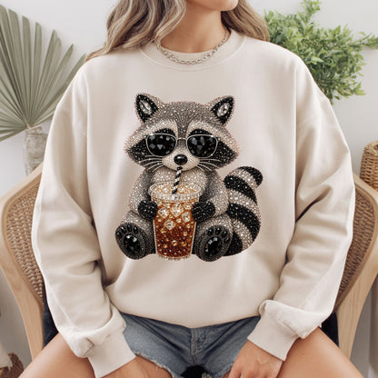 Cool Raccoon Iced Coffee T-Shirt, Sunglasses Trash Panda Rhinestone Tee Sweatshirt