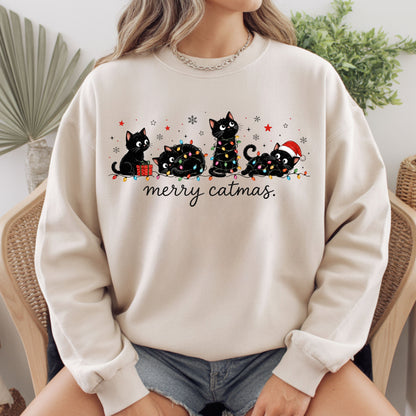 Merry Catmas Black Cats Christmas T-Shirt, Christmas Lights Black Kittens Cat Lover Tee