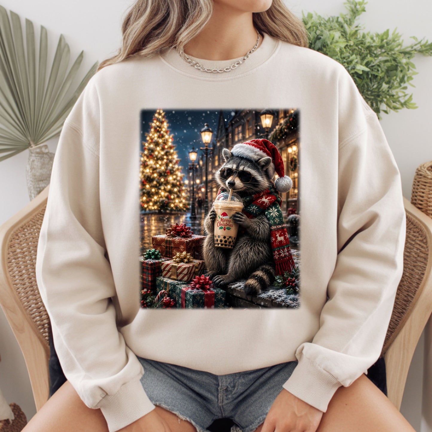 Christmas Raccoon Santa Hat T-Shirt, Coffee Drink Cute Holiday Winter Comfort Color Tee