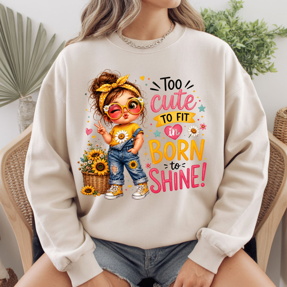 Too Cute to Fit In Born to Shine Little Girl T-Shirt, Sunflower Headband Tee
