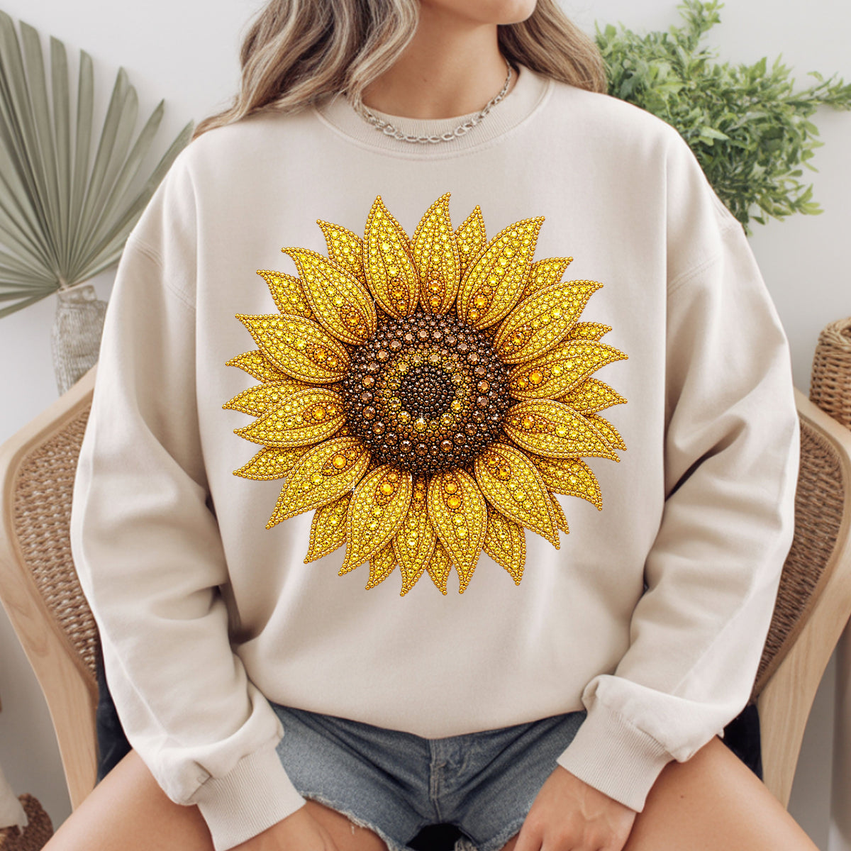 Sunflower Yellow Beaded Floral T-Shirt, Summer Fall Flower Tee