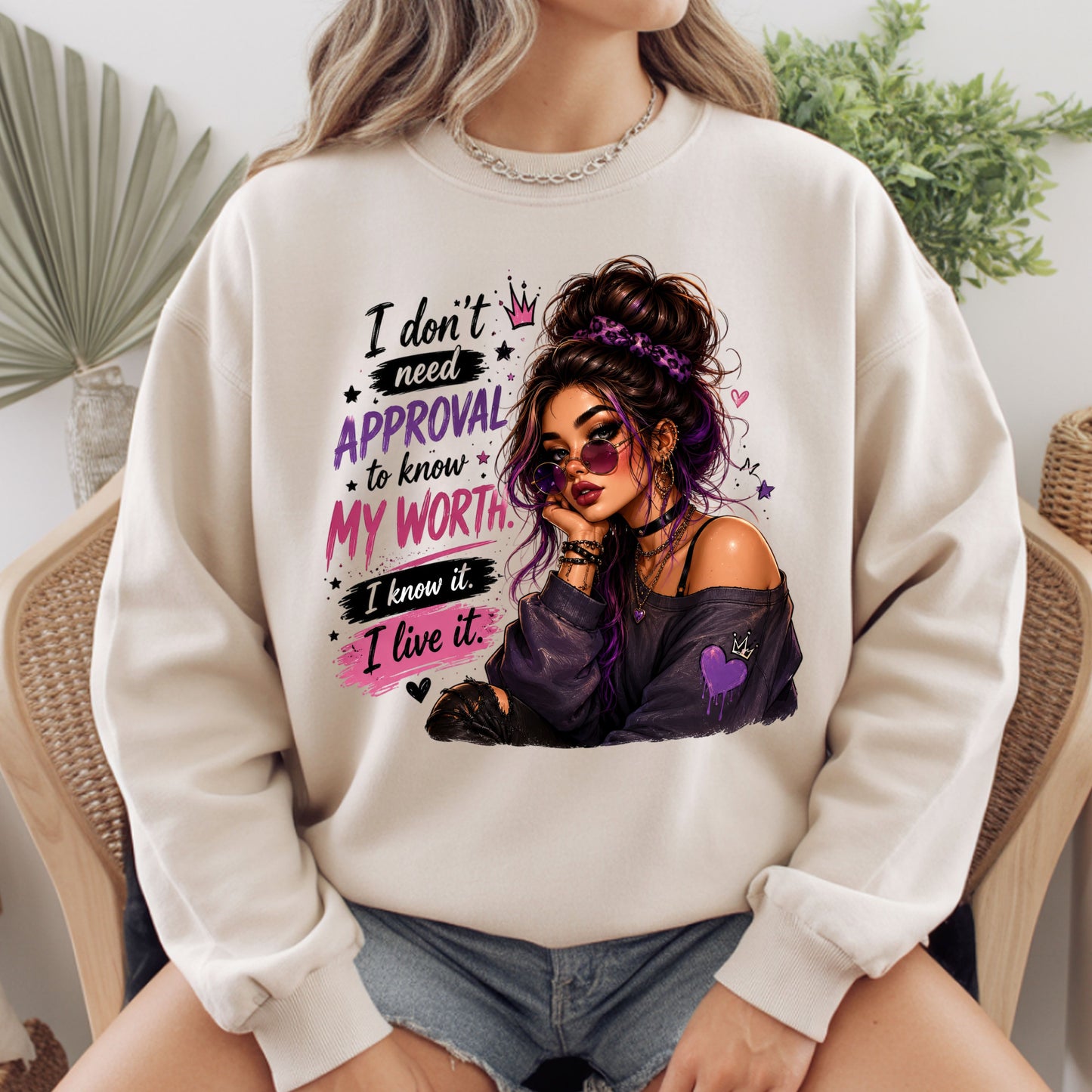 Inspirational I Don't Need Approval Know My Worth T-Shirt, Messy Bun Sunglasses Women Motivational Tee
