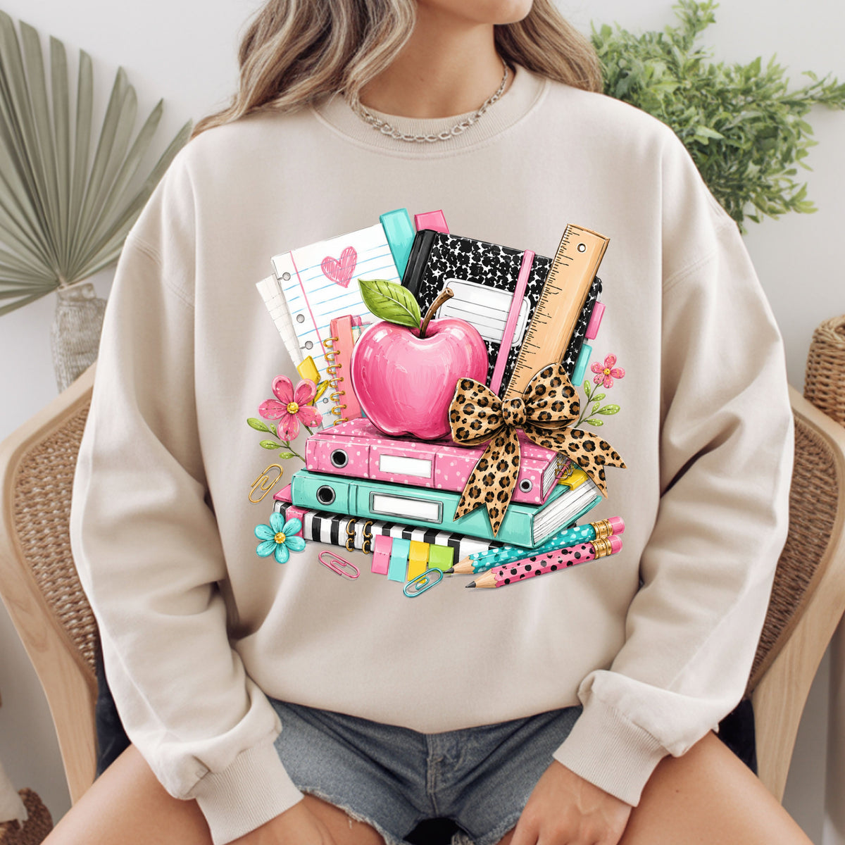 Pink Apple School Supplies T-Shirt, Books Leopard Bow Back to School Teacher Tee