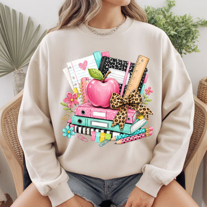 Pink Apple School Supplies T-Shirt, Books Leopard Bow Back to School Teacher Tee