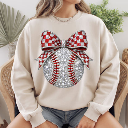 Coquette Baseball Sparkle T-Shirt, Red Checkered Bow Sports Mom Girl Tee