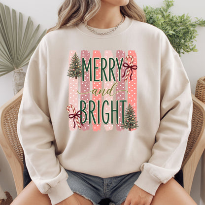 Merry and Bright Comfort Colors T Shirts Cute Christmas Tree Tees Pink Candy Cane Shirt Festive Holiday Winter Graphic Hoodie
