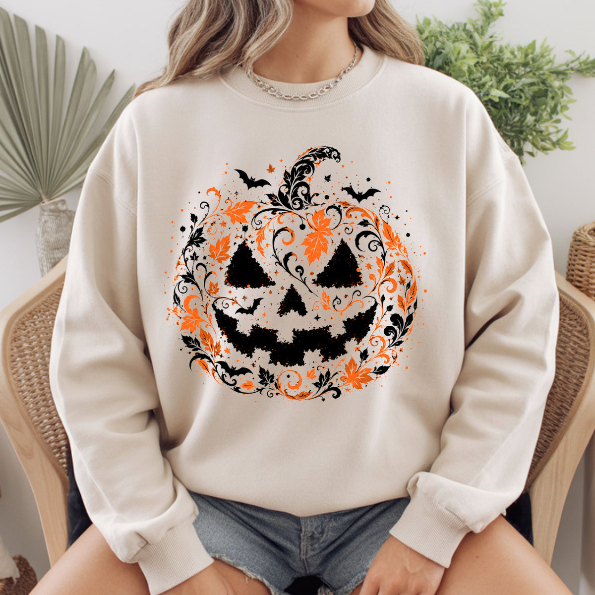 Halloween Pumpkin Face Floral Swirl Gothic T-Shirt, Intricate Spooky Pumpkin Tee