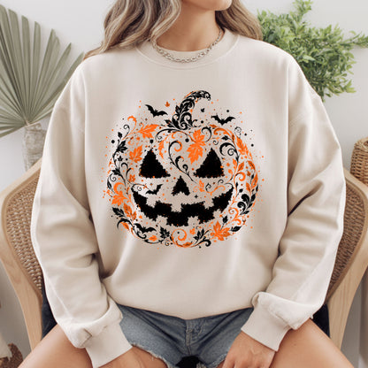 Halloween Pumpkin Face Floral Swirl Gothic T-Shirt, Intricate Spooky Pumpkin Tee