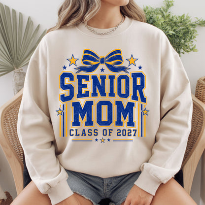 Senior Mom 2027 Royal Blue Yellow Cheer Bow T-Shirt, Varsity Graduation Mother Tee