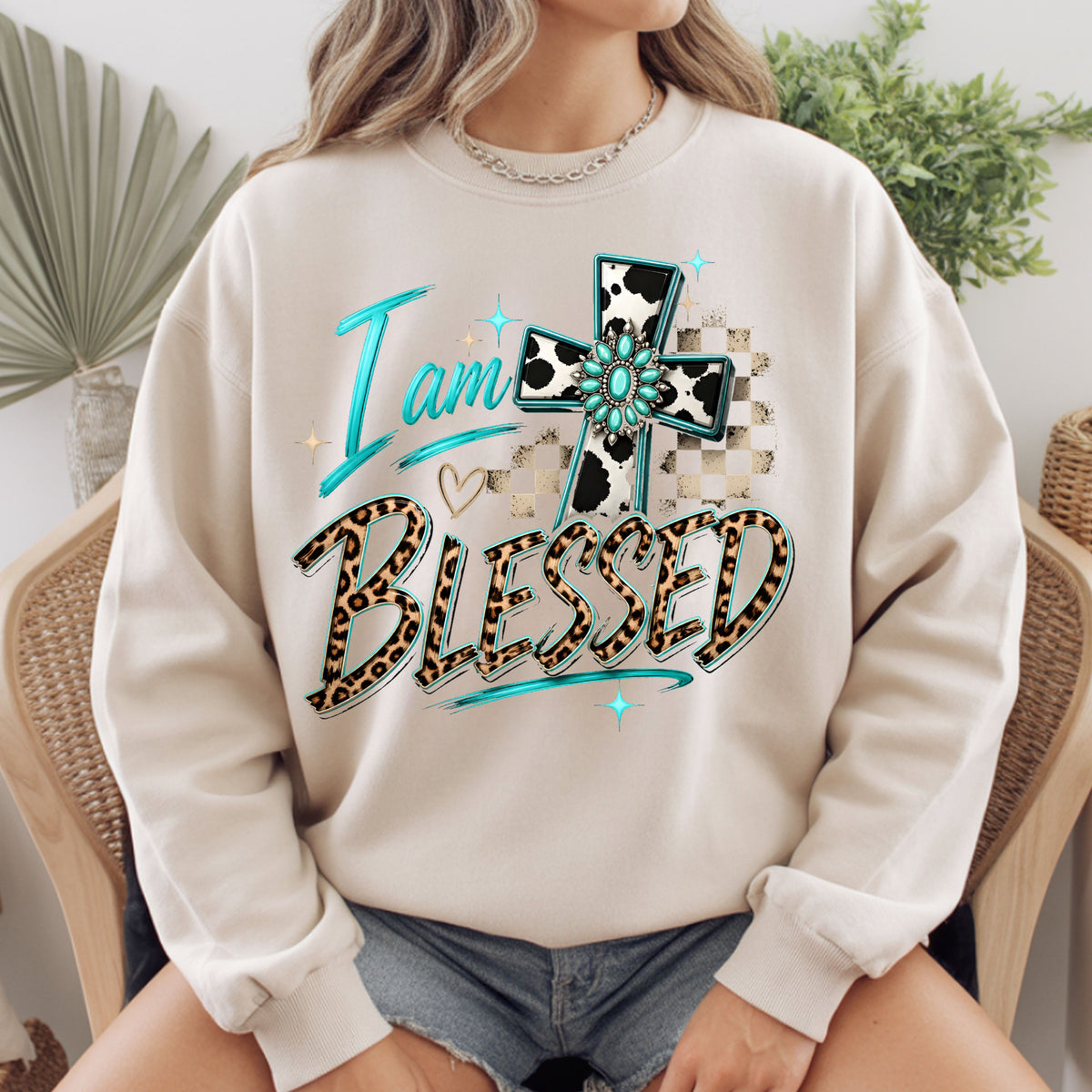 I Am Blessed Western Cross Cow Print T-Shirt, Turquoise Leopard Faith Tee