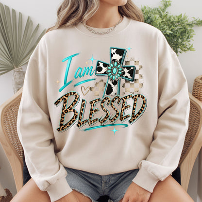 I Am Blessed Western Cross Cow Print T-Shirt, Turquoise Leopard Faith Tee