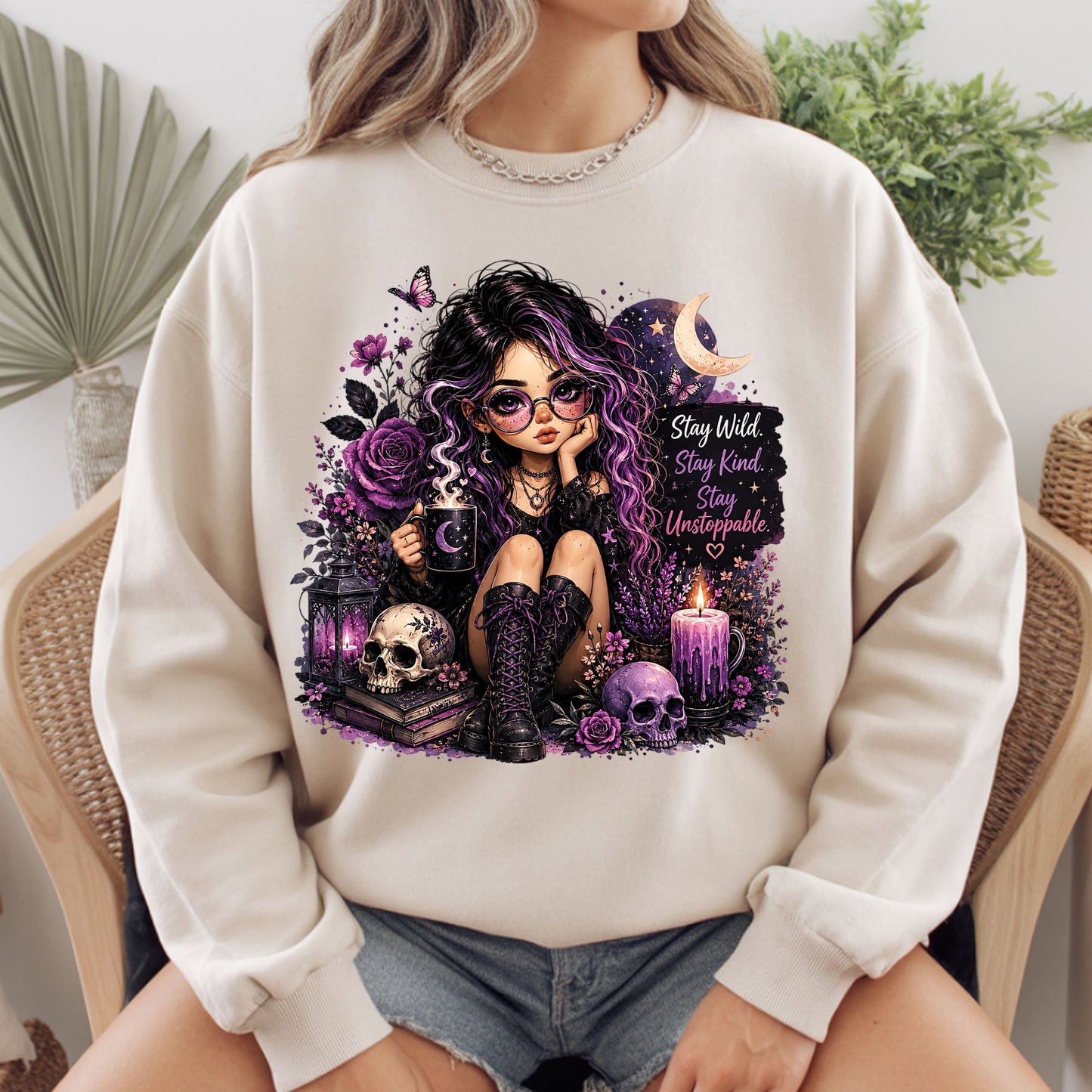 Stay Wild Stay Kind Goth Girl Skull T-Shirt, Purple Crescent Moon Witchy Tee