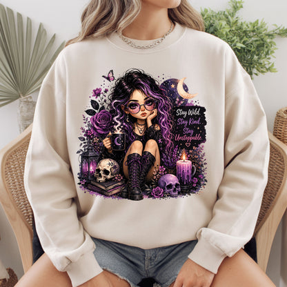 Stay Wild Stay Kind Goth Girl Skull T-Shirt, Purple Crescent Moon Witchy Tee