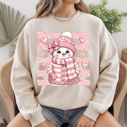 Cute Pink Snowgirl Winter T-Shirt, Snowman Beanie Bow Pink Stripes Hearts Tee