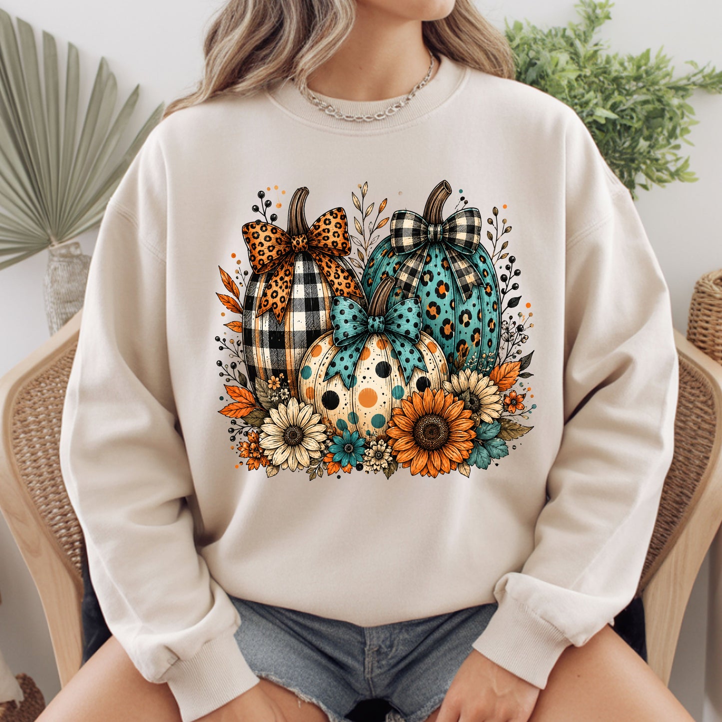 Fall Leopard Plaid Pumpkins T-Shirt, Teal Orange Floral Thanksgiving Tee