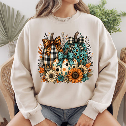 Fall Leopard Plaid Pumpkins T-Shirt, Teal Orange Floral Thanksgiving Tee