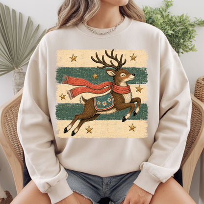 Vintage Christmas Reindeer T-Shirt, Flying Reindeer Scarf Retro Winter Comfort Color Tee