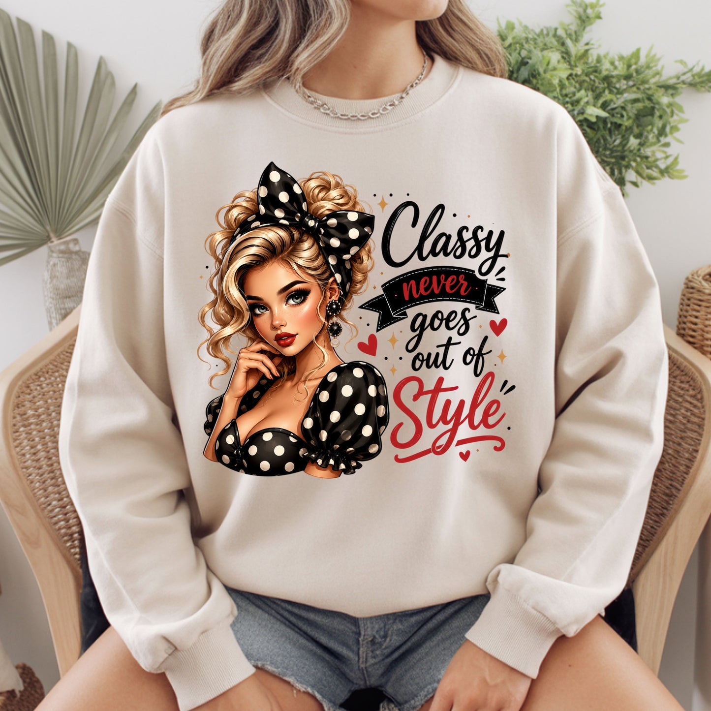 Classy Never Goes Out of Style Pinup Girl T-Shirt, Vintage Polka Dot Bow Tee Sweatshirt