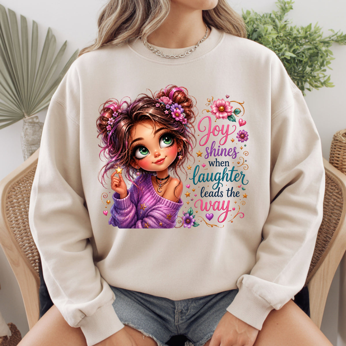 Joy Shines Laughter Space Buns Girl T-Shirt, Cute Floral Quote Tee