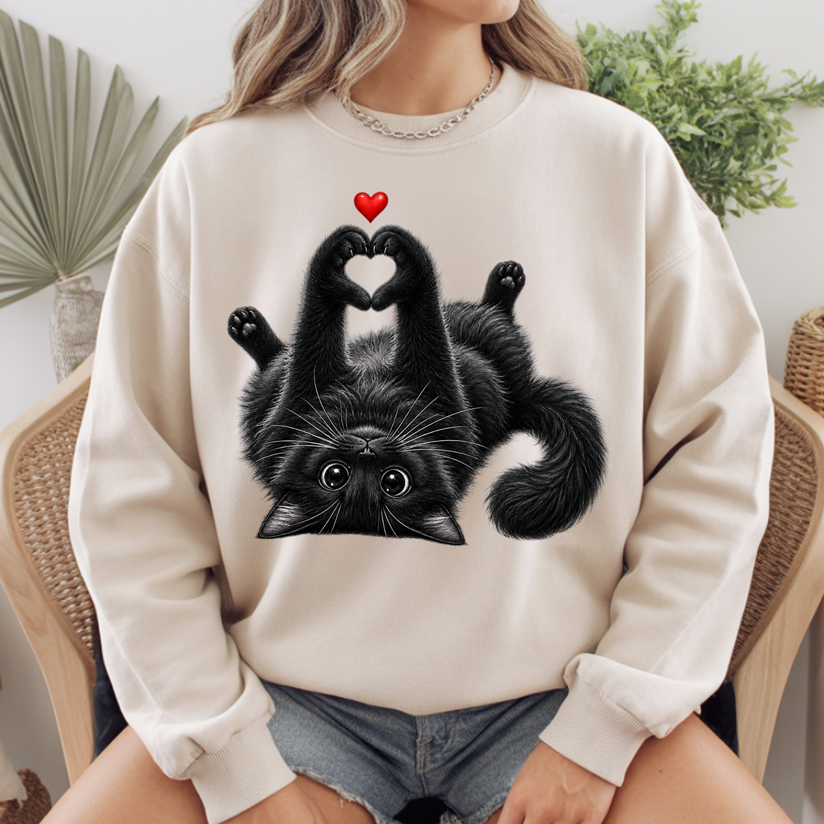 Black Cat Heart Hands T-Shirt, Cute Kitty Kitten Lover Heart Paws Love Tee