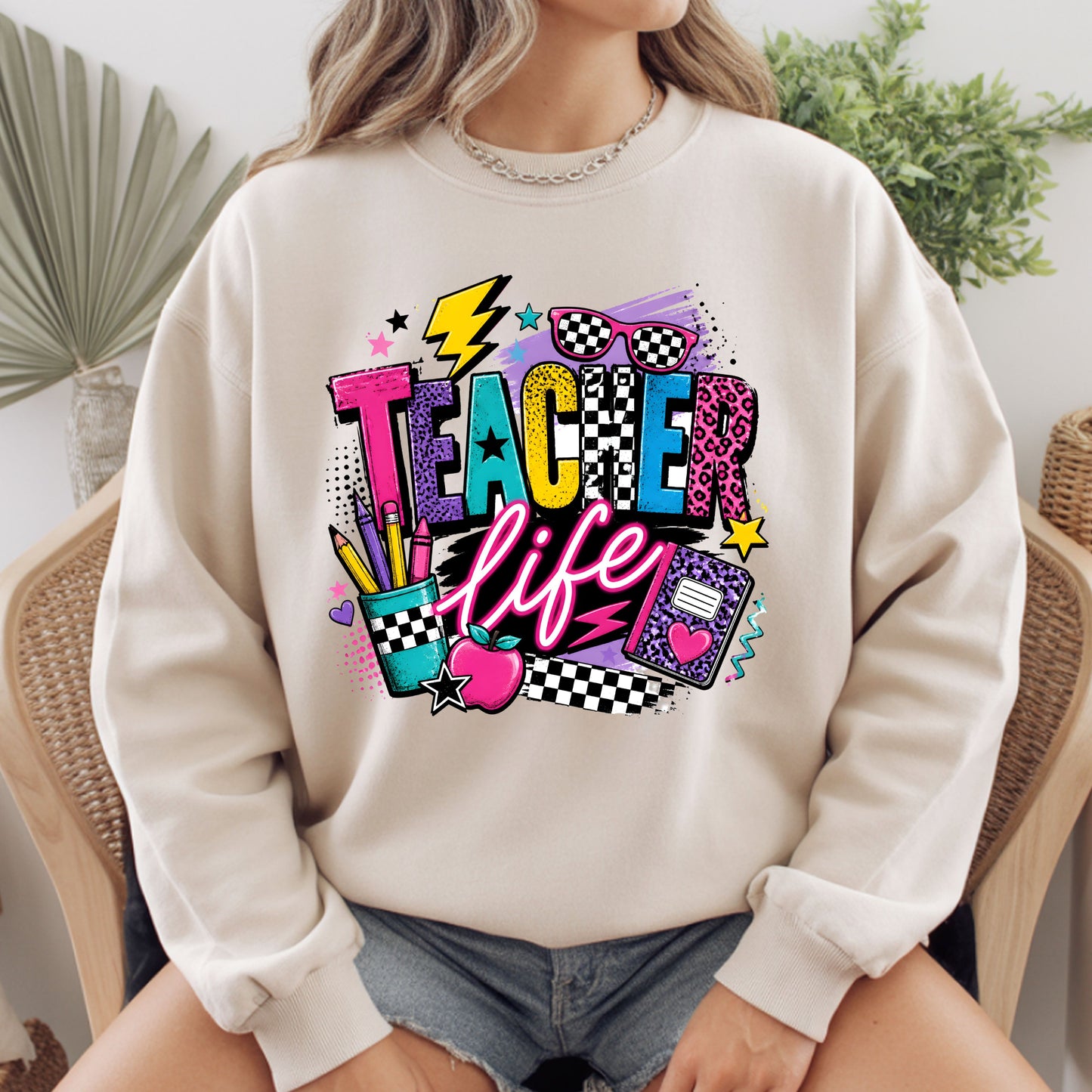 Retro Neon Teacher Life T-Shirt, Colorful Doodle Graffiti Checkerboard Sunglasses Back to School Tee