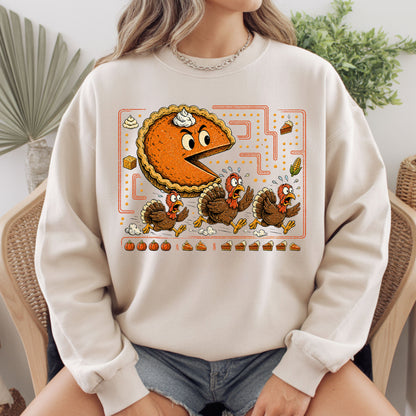 Funny Thanksgiving Pacman Pumpkin Pie T-Shirt, Chasing Turkeys Maze Video Game Tee