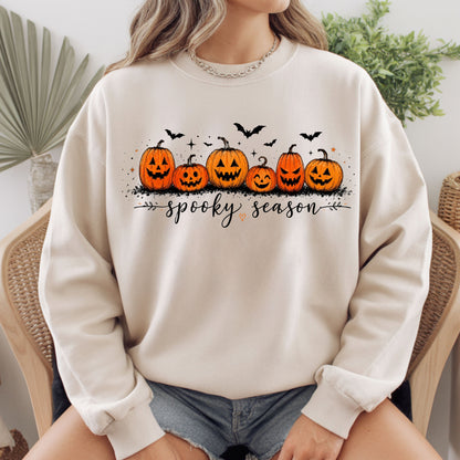 Spooky Season Jack O Lantern T-Shirt, Pumpkin Patch Bats Cursive Halloween Tee Sweatshirt