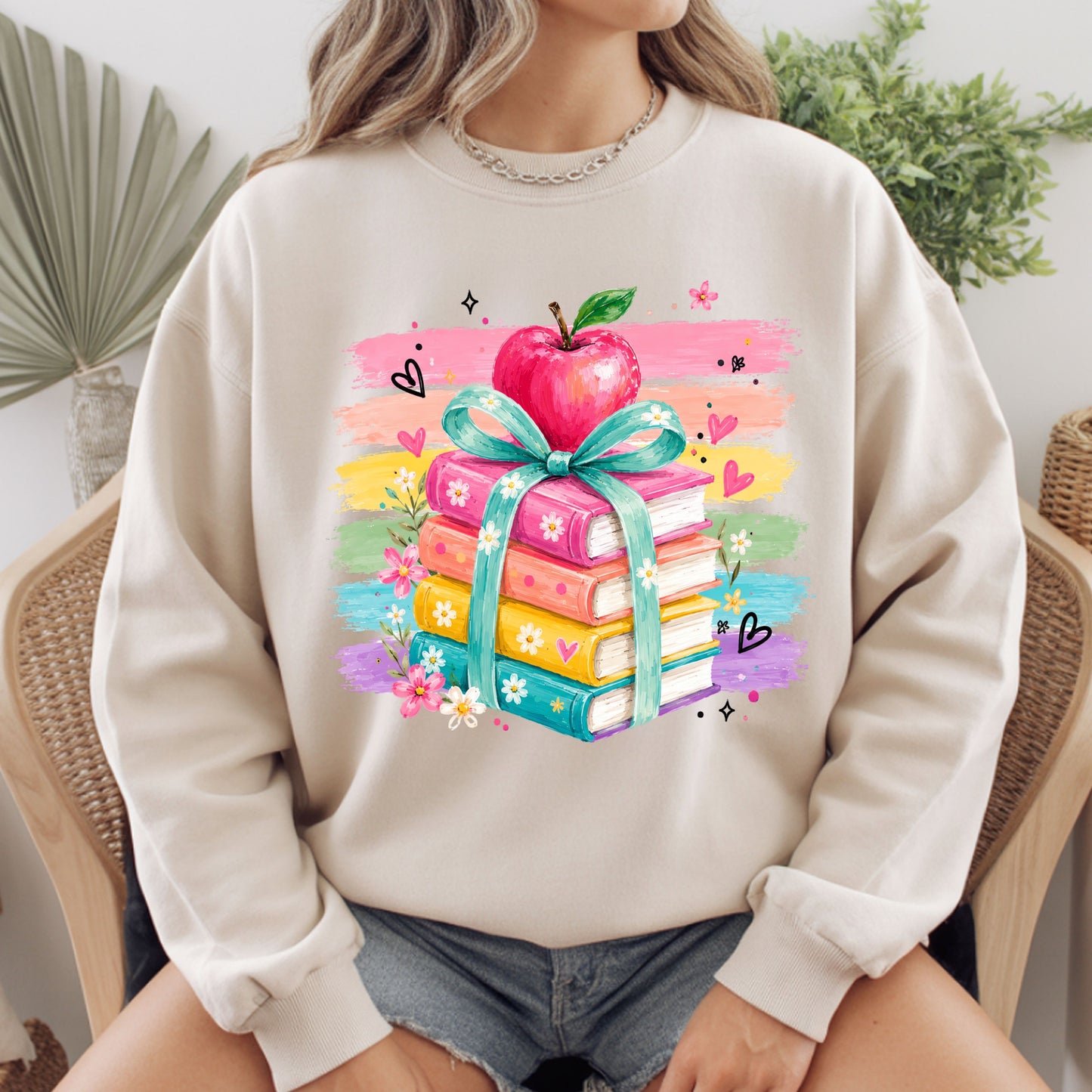 Coquette Stacked Books Teacher T-Shirt, Apple Ribbon Colorful Brushstrokes Comfort Color Tee