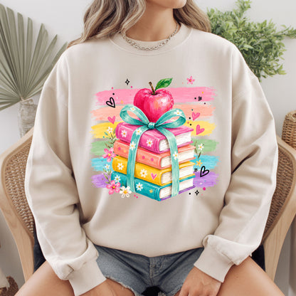 Coquette Stacked Books Teacher T-Shirt, Apple Ribbon Colorful Brushstrokes Comfort Color Tee