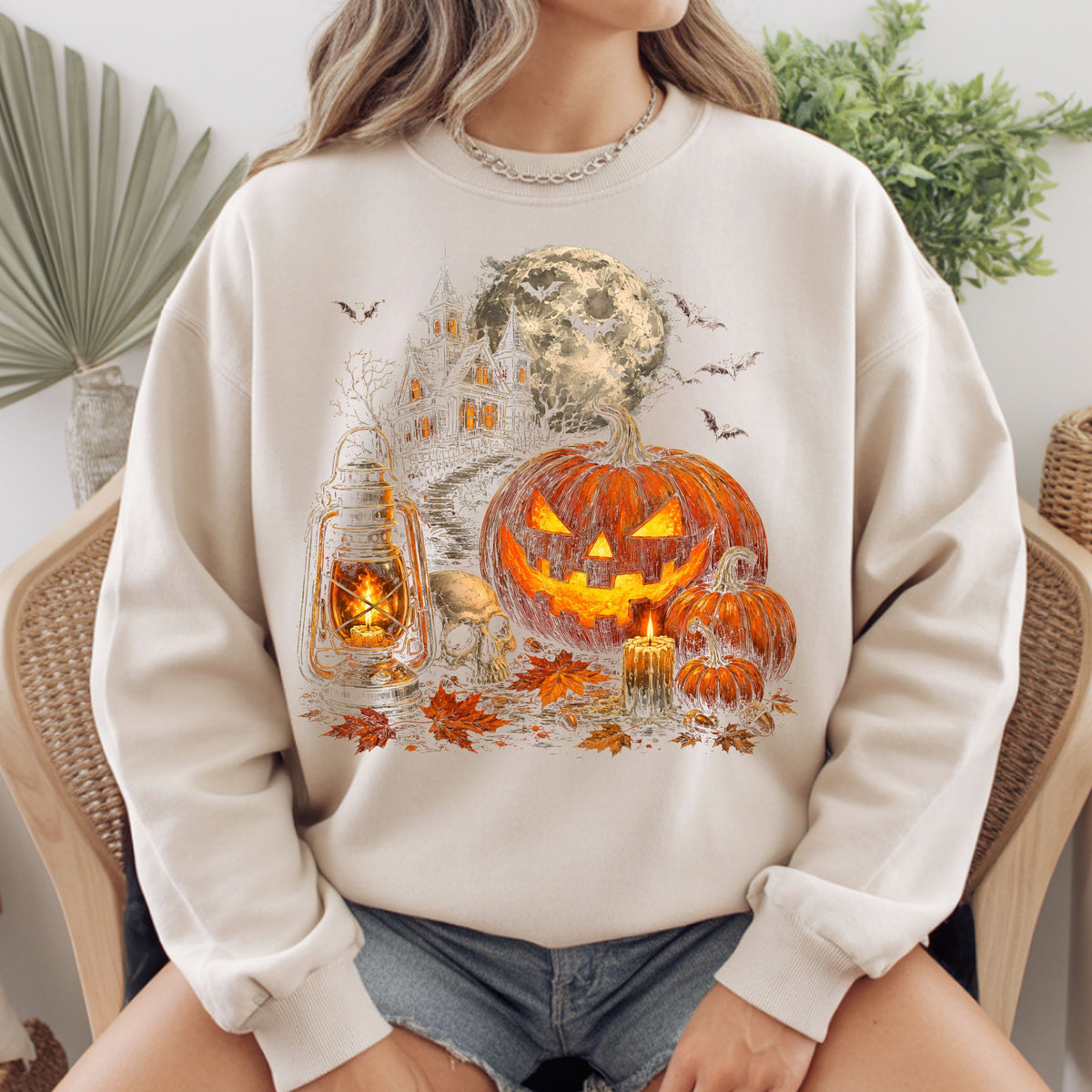 Vintage Haunted House Halloween T-Shirt, Pumpkin Lantern Jack O Lantern Spooky Autumn Tee
