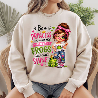 Be a Princess Frog Girl T-Shirt, Cute Messy Bun Pink Green Quote Tee