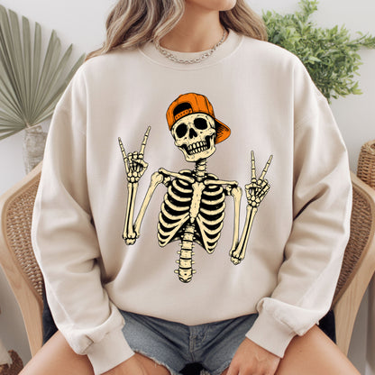 Cool Skeleton Rock On T-Shirt, Peace Sign Halloween Orange Hat Spooky Tee