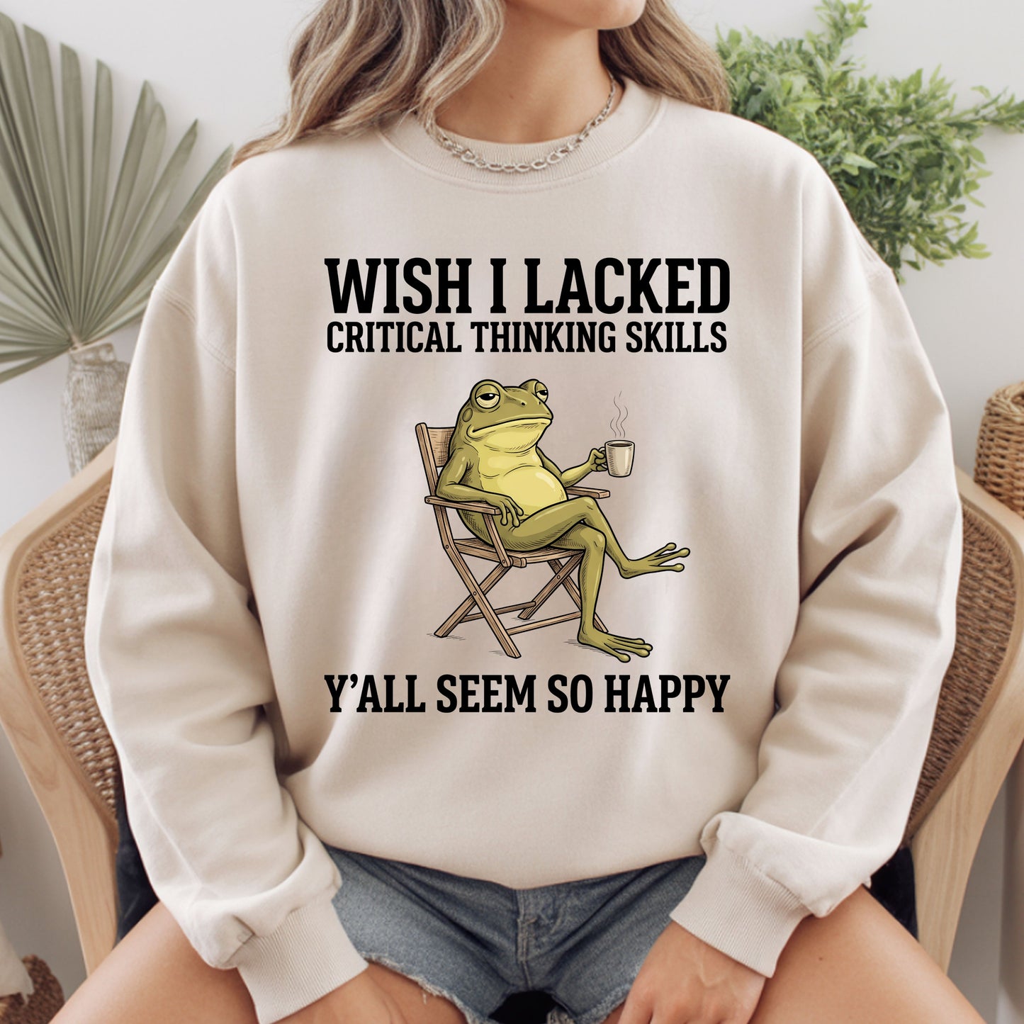 Wish I Lacked Critical Thinking Skills Sarcastic Frog T-Shirt, Coffee Quote Funny Tee