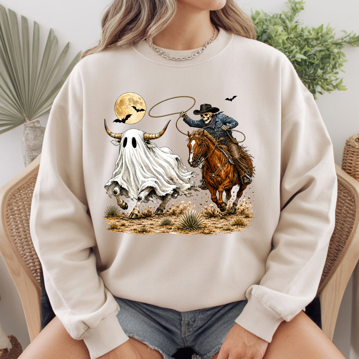 Halloween Skeleton Cowboy Ghost T-Shirt, Western Rodeo Bull Lasso Spooky Tee