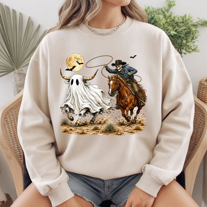 Halloween Skeleton Cowboy Ghost T-Shirt, Western Rodeo Bull Lasso Spooky Tee