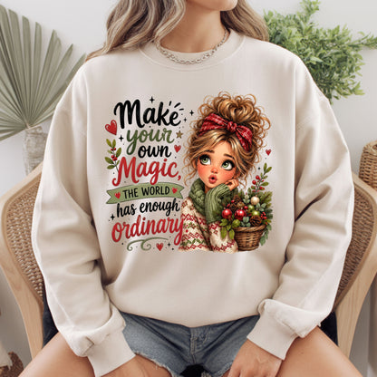 Make Your Own Magic Christmas Messy Bun Girl T-Shirt, Festive Holiday Quote Comfort Color Tee