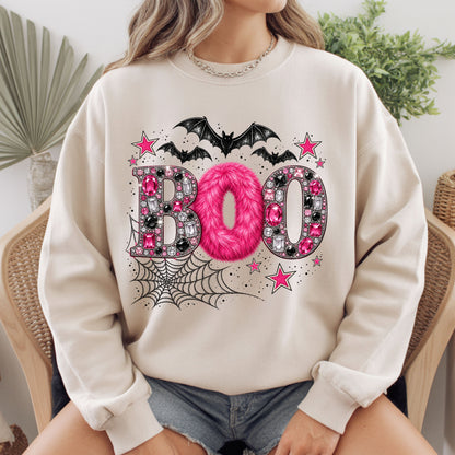 Boo Pink Glitter Bats Halloween T-Shirt, Spider Web Sparkle Comfort Color Tee