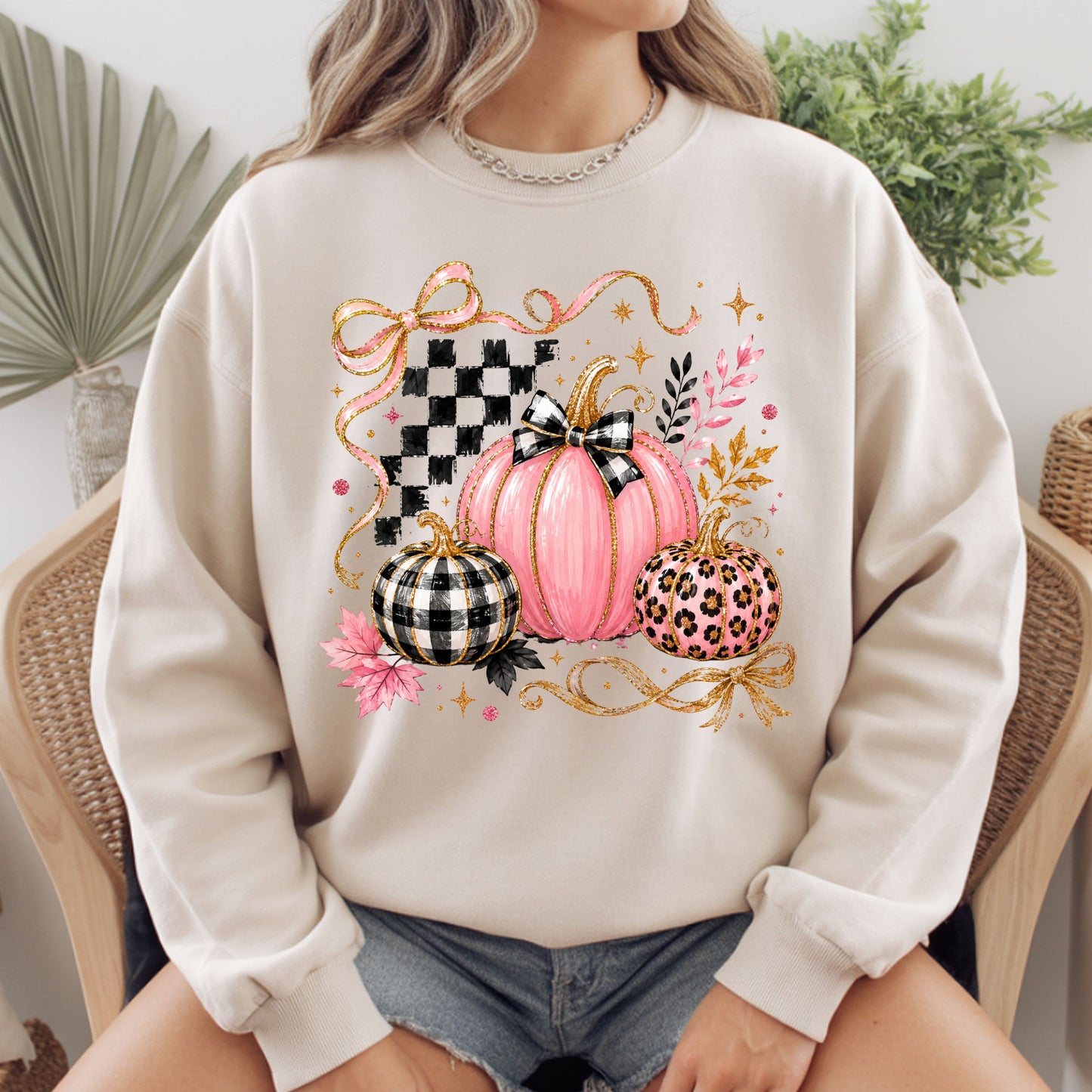 Pink Coquette Fall Pumpkin T-Shirt, Leopard Plaid Ribbon Bow Checkered Autumn Tee