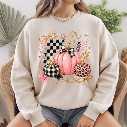 Pink Coquette Fall Pumpkin T-Shirt, Leopard Plaid Ribbon Bow Checkered Autumn Tee