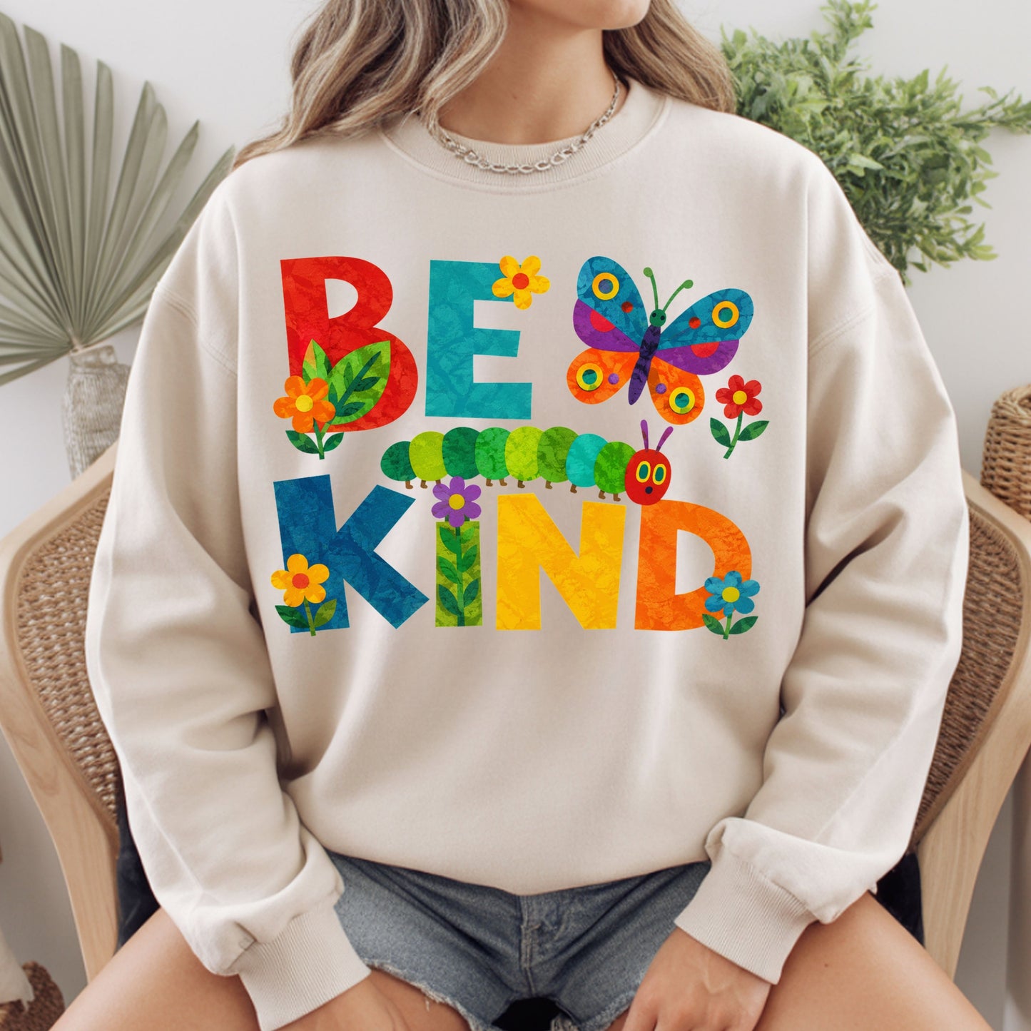 Be Kind Caterpillar Butterfly T-Shirt, Colorful Flowers Storybook Teacher Comfort Color Tee