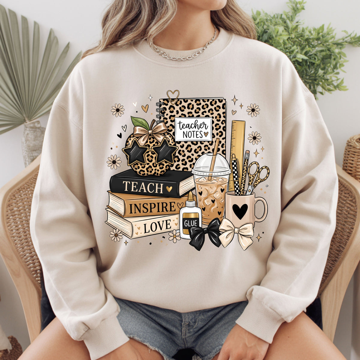 Teach Inspire Love Leopard Teacher T-Shirt, Notebook Coffee Iced Drink Comfort Color Tee