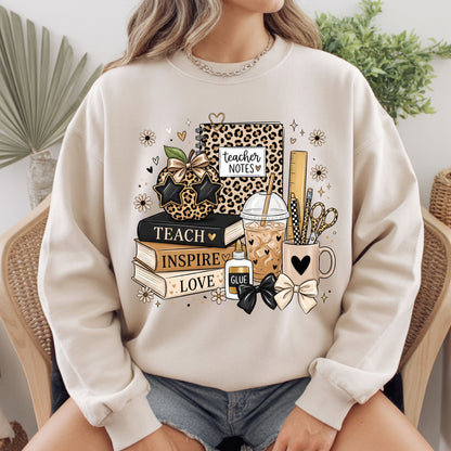 Teach Inspire Love Leopard Teacher T-Shirt, Notebook Coffee Iced Drink Comfort Color Tee