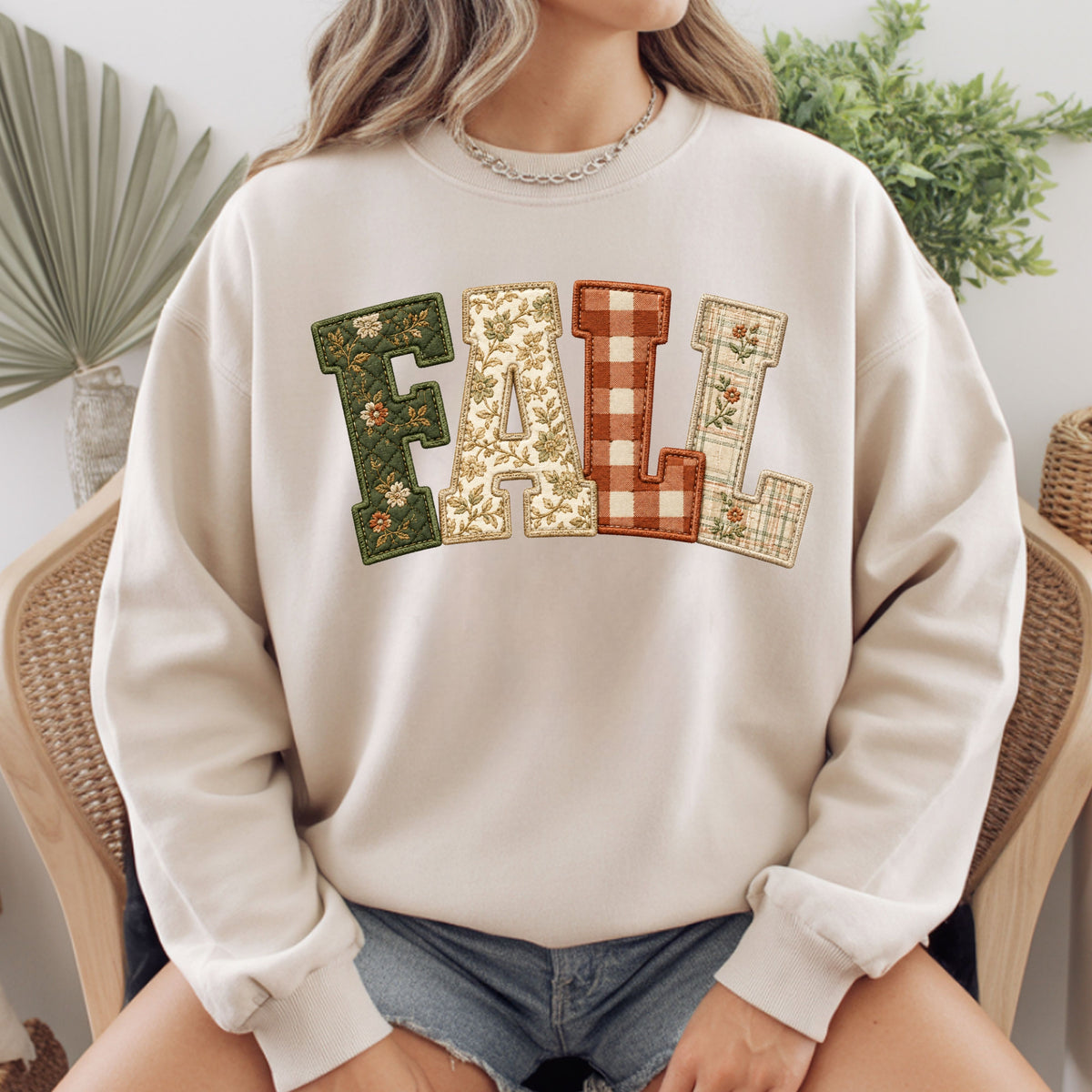 Fall Patchwork Chenille Letters T-Shirt, Quilted Plaid Autumn Thanksgiving Comfort Color Tee