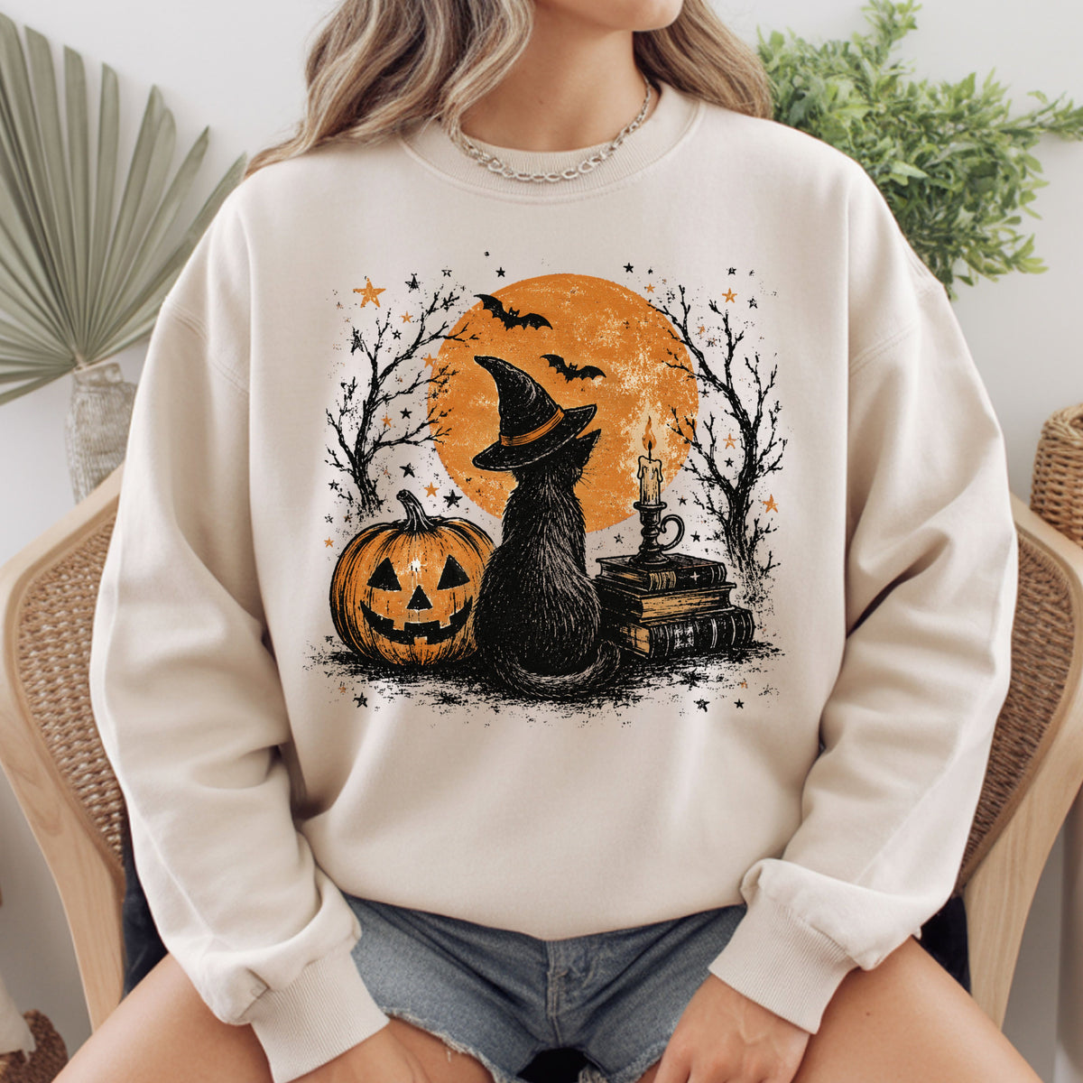 Halloween Black Cat Witch T-Shirt, Full Moon Pumpkin Spooky Vintage Books Magic Tee