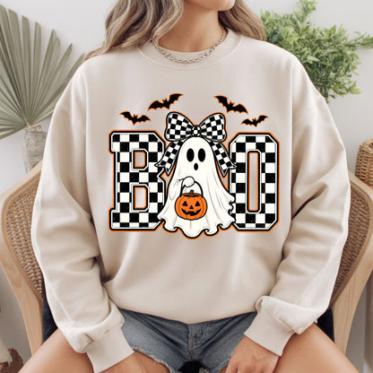 Boo Checkered Bow Ghost Halloween T-Shirt, Pumpkin Bucket Bats Retro Tee Sweatshirt