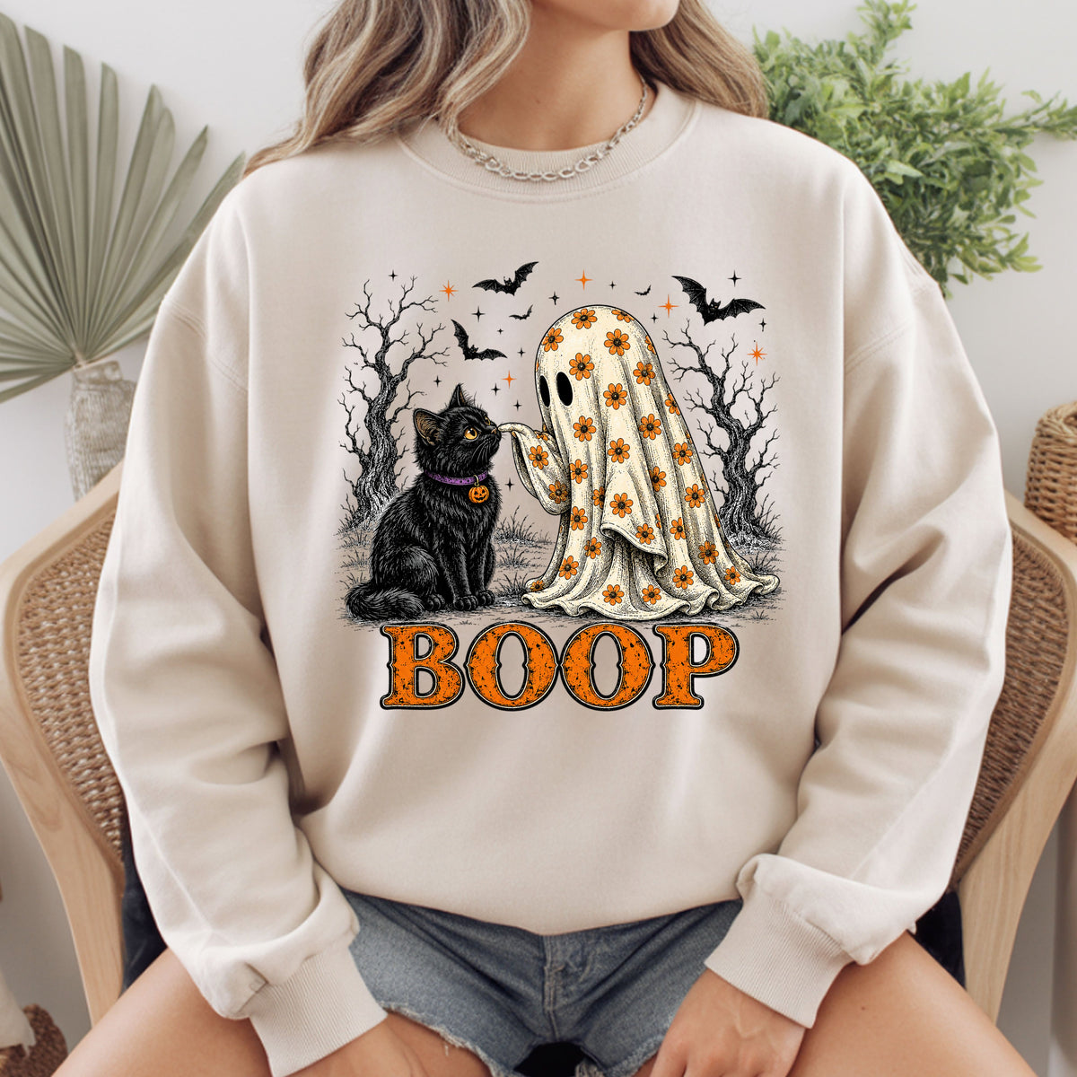 Halloween Ghost Boop Black Cat T-Shirt, Spooky Season Ghost Tee