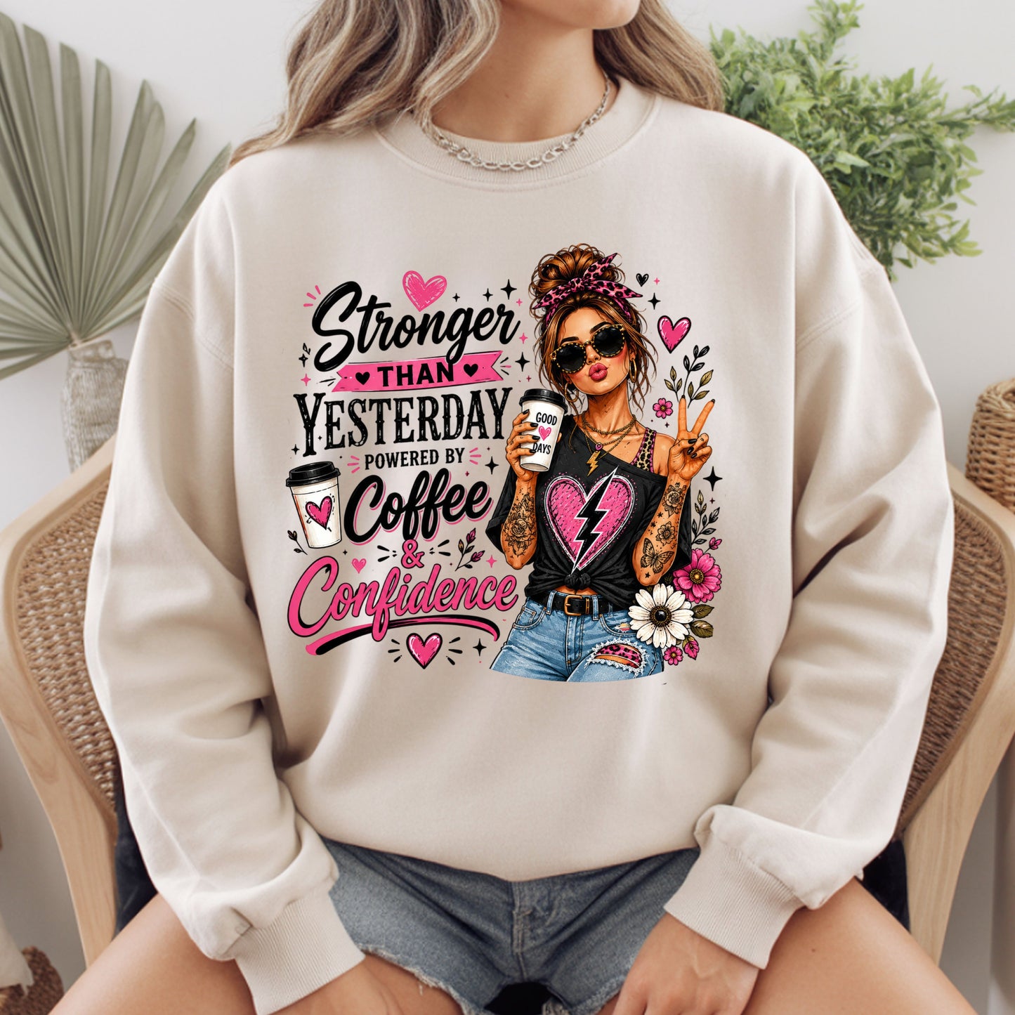Stronger Than Yesterday Messy Bun Coffee Girl T-Shirt, Pink Hearts Inspirational Tee