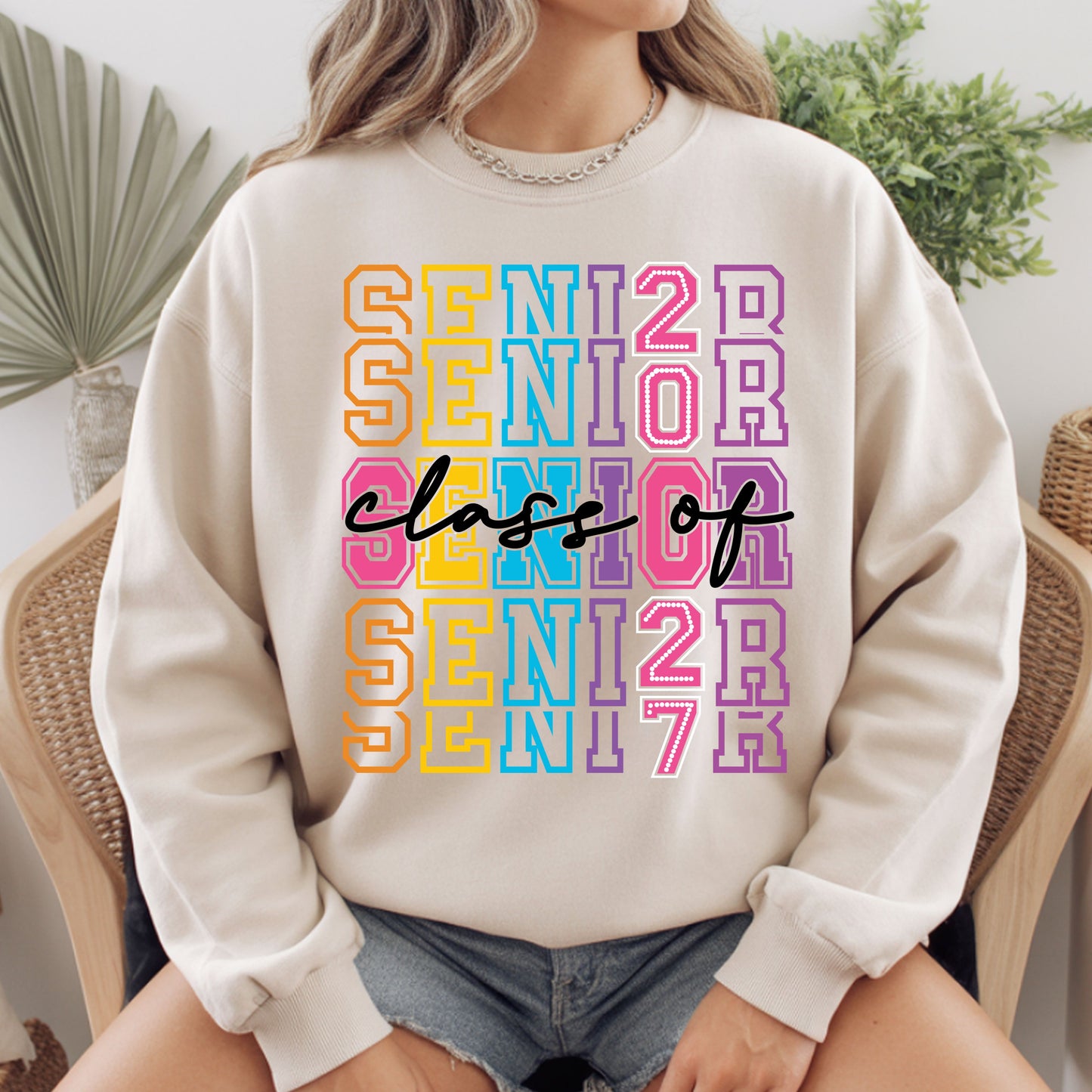 Senior Class of 2027 Colorful Retro T-Shirt, Stacked Varsity Letters Pastel Graduation Tee